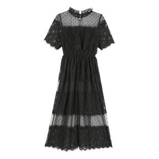 2025新款夏季网纱收腰显瘦中长款蕾丝连衣裙chic温柔超仙女裙子女