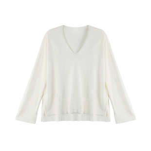 【商场同款】X--MOOM2026春季新款简约风V领下摆开衩针织毛衣女