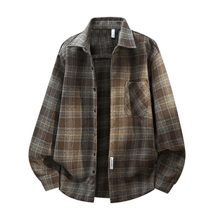 拉夏贝尔重磅580g加厚呢绒衬衫外套秋冬新款男士复古格纹衬衣开衫