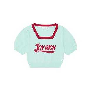JOYRICH女款美式复古方领泡泡袖短款撞色字母针织衫T恤短袖女
