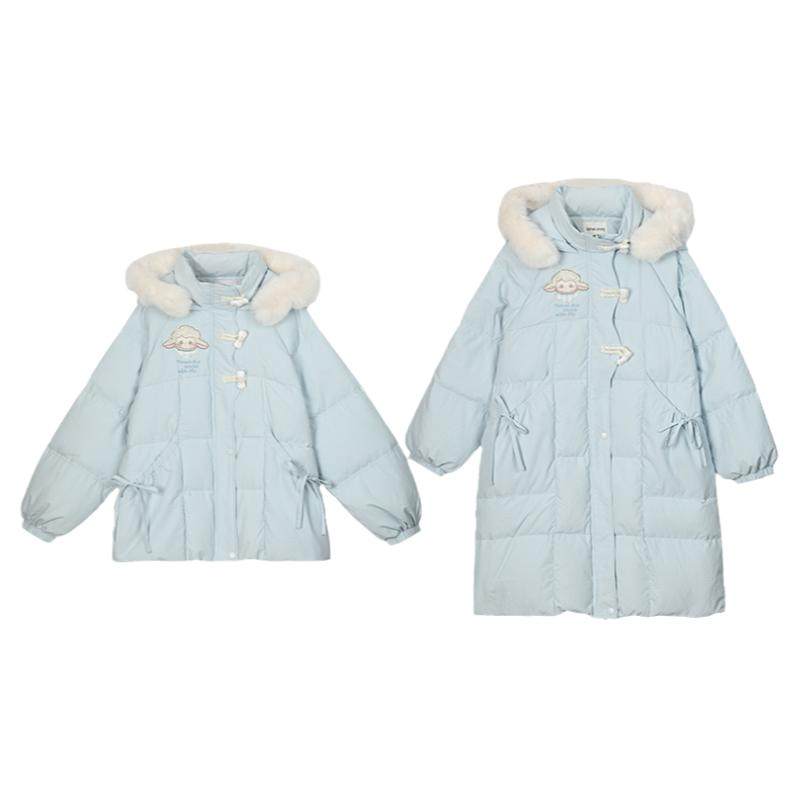 甜美可爱蓝色羽绒服女中长款外套