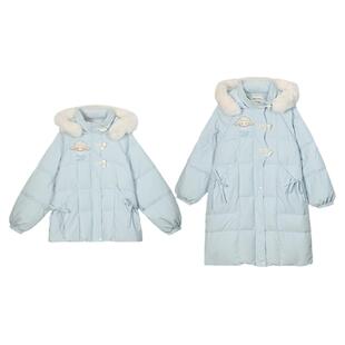 森女部落甜美可爱蓝色羽绒服女中长款冬2025新款小个子短款厚外套