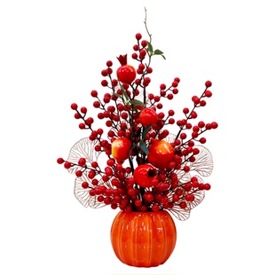 新中式摆件发财果浆果装饰品摆件红果石榴假花仿真花餐厅客厅摆设