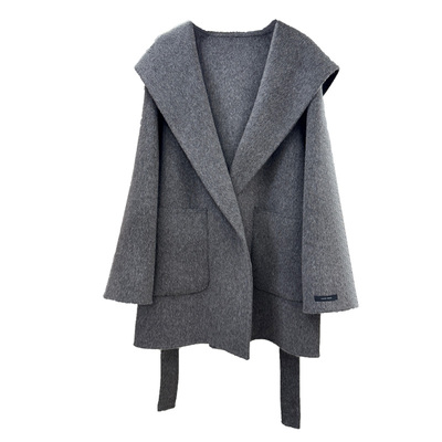 灰咖色连帽双面羊毛大衣女短款25秋冬新款宽松气质简约系带毛呢外