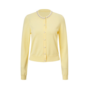 【SGPR】鹅黄色针织衫2026年春季新款针织开衫薄款钉珠毛衣上衣