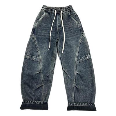 加绒加厚弯刀牛仔裤男2025冬季新款立体剪裁拼接潮牌宽松阔腿长裤