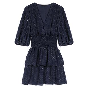 Maje2026早春新款女装法式时尚仿钻饰V领松紧腰短款蛋糕连衣裙