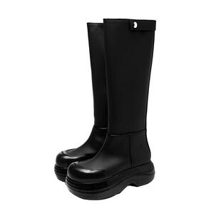 BLOCCO5女鞋春季长筒女靴拼接骑士靴厚底增高内里加绒保暖时装靴