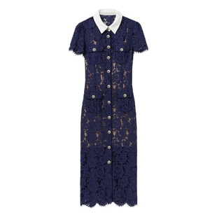 2026夏季流行单品新款女装翻领短袖单排扣高级感巨好看蕾丝连衣裙