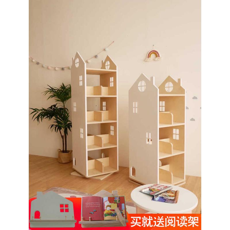 ins风实木儿童学生360°旋转书架绘本架 书柜 客厅落地书报架环保