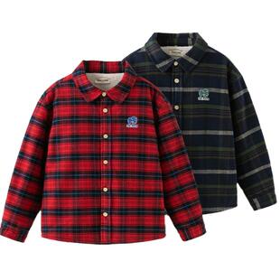 戴维贝拉儿童衬衫男童2025格子加绒衬衣中大童新款冬装上衣童装