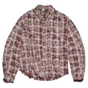 STILLYOU街头做旧烧毁风破碎格子长袖衬衫女宽松磨毛棉毛边衬衣春