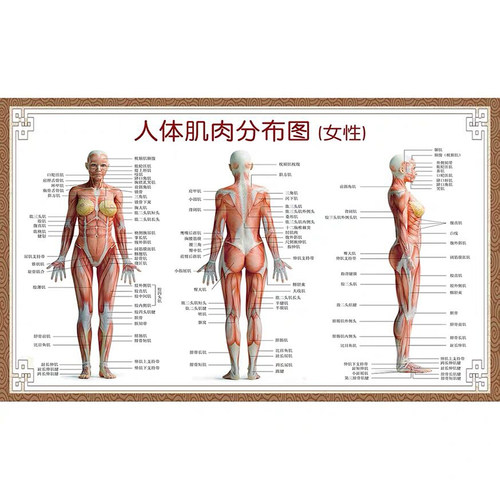 医院全身人体肌肉骨骼器官内脏解剖大挂图男性肌肉分布图海报横版