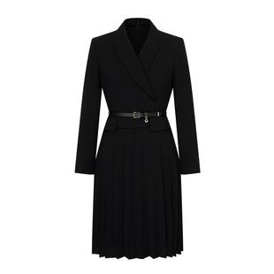 Scofield女装假两件西装裙黑色百褶优雅气质纯色连衣裙