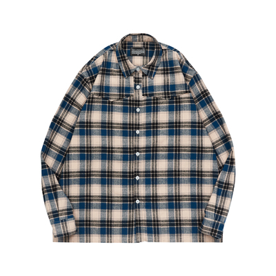 蓝色格子做旧流苏破坏衬衫