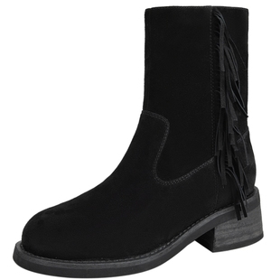 千百度羊皮西部牛仔靴粗高跟弹力袜靴女款冬季保暖增高显瘦短靴子