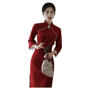 红色旗袍敬酒服新娘长袖改良订婚礼服日常可穿小个子新中式连衣裙