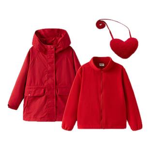 商场巴拉巴拉女童冲锋外套春装新款中大童加绒防水三合一新年红色