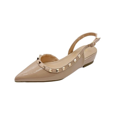 增高5cm铆钉漆皮坡跟尖头凉鞋