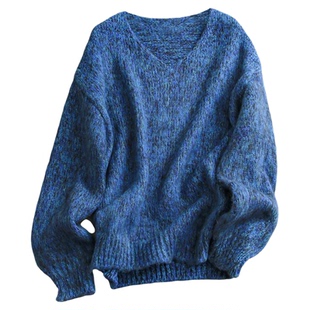 慵懒风双色混织花纱V领宽松套头毛衣御寒保暖长袖女装针织衫M945