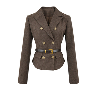 ROY11 钱利象征 棕色海妖风收腰西装&气质包臀半身复古短裙两件套