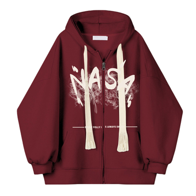 NASA烟雾字母加绒加厚重磅美式开衫拉链百搭卫衣外套男女运动潮牌