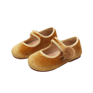 韩版女童公主鞋2026秋冬季丝绒小孩单鞋鞋国风红色毛球儿童公主鞋