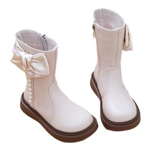 女童马丁靴高筒靴公主靴蝴蝶结真皮软底加绒中筒棉靴2025秋冬新款
