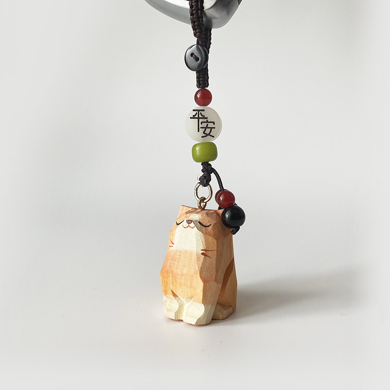 thumbnail for Handmade wood carving cat peach wood plum blossom woven keychain, car school bag pendant, delicate hanging ornament, birthday gift
