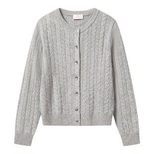 Montagut梦特娇女装圆领绵羊毛开衫老钱风螺纹长袖针织外套