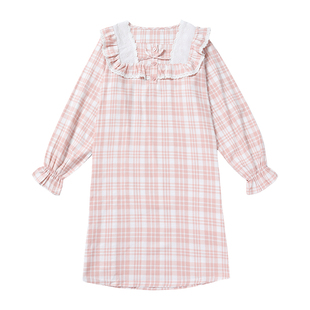 tutuanna秋冬家居服全棉睡衣女公主风格子花边长袖睡裙女专柜新品