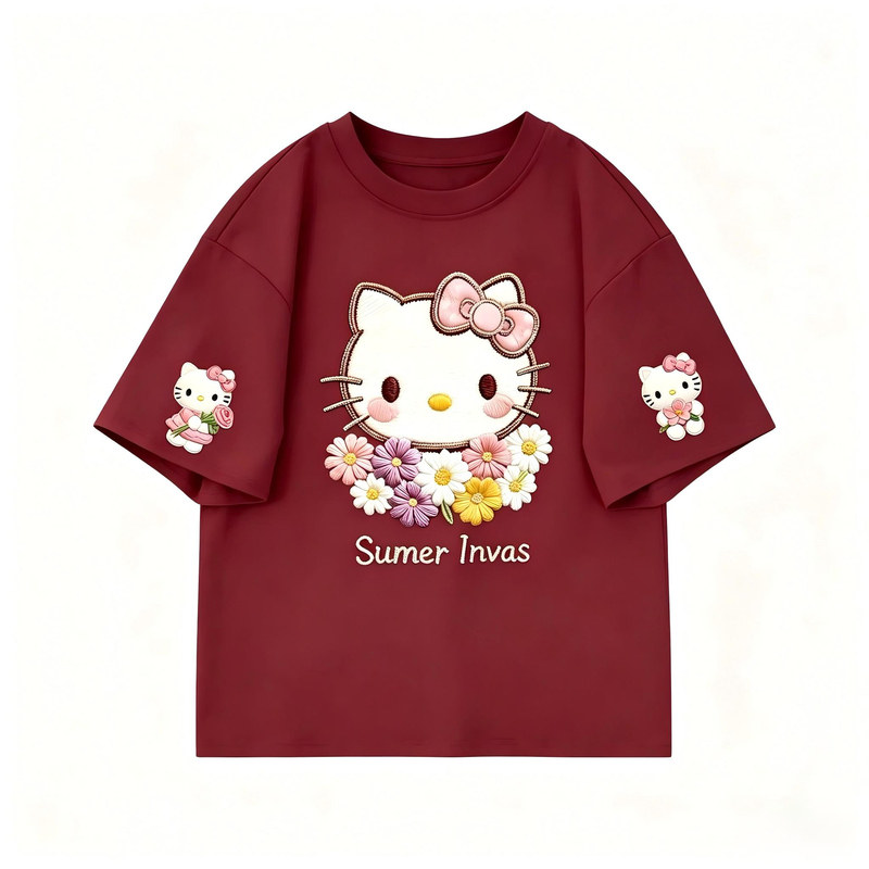 2026夏季圆领短袖仿刺绣Kitty猫印花100%纯棉男女款学生T恤中大童