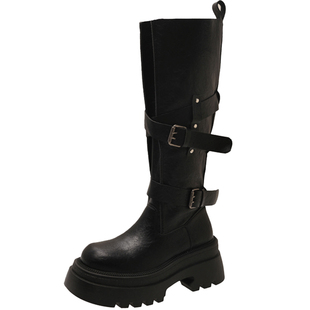 美拉德棕色长筒靴女粗腿大筒围皮带扣厚底增高西部牛仔高筒骑士靴