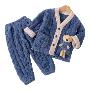 男童珊瑚绒睡衣秋冬季男孩女童宝宝加厚冬款套装儿童法兰绒家居服