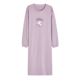 康妮雅睡裙女秋季纯棉长袖宽松中长款睡衣裙圆领连衣裙家居服睡服