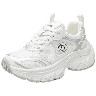 大东老爹鞋女鞋春季新款休闲平底系带银色蕾丝运动鞋0352