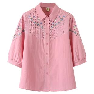 大码七分袖绣花纯棉衬衫女夏季新款中老年人胖妈妈装高档开衫上衣