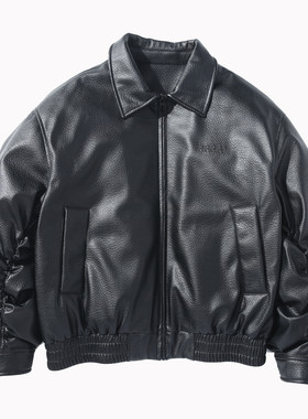 ALLIN 黑色翻领皮衣羽绒服男冬季情侣潮牌皮夹克美式机车防风外套