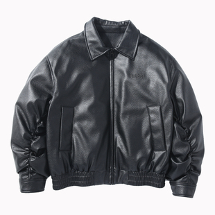 ALLIN 黑色翻领皮衣羽绒服男冬季情侣潮牌皮夹克美式机车防风外套