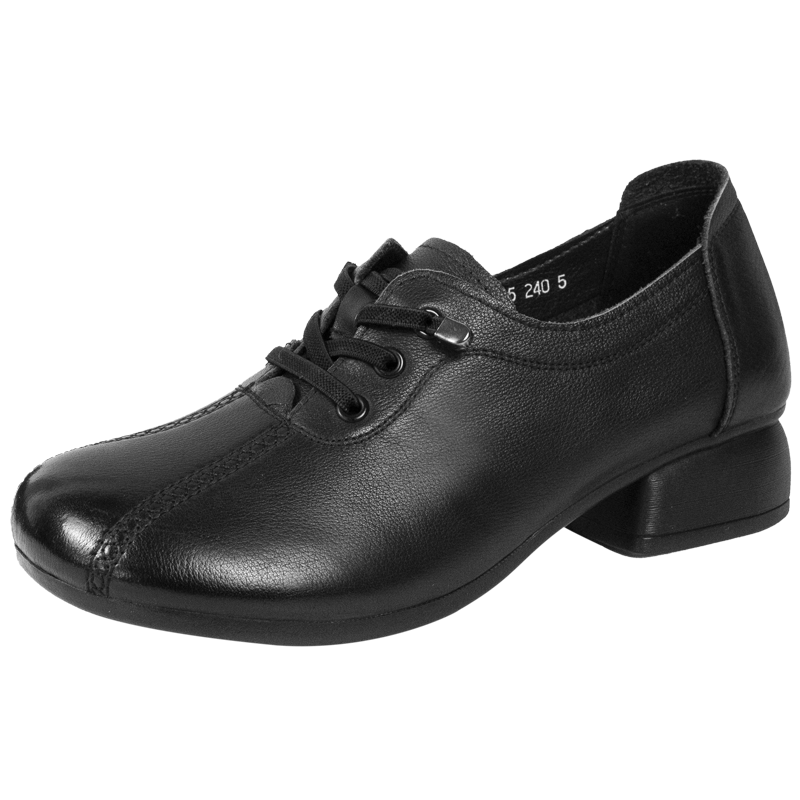 万里新款真皮复古单鞋舒适软底粗跟休闲鞋方跟皮鞋SYT2639