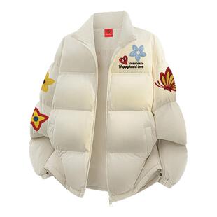 查尔斯桃心美式立领羽绒服85鸭绒男女超厚保暖蝴蝶印花防寒外套潮