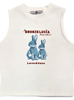 Bronze Lucia白色甜梦蓝兔露脐背心紧身休闲少女气质无袖上衣夏季
