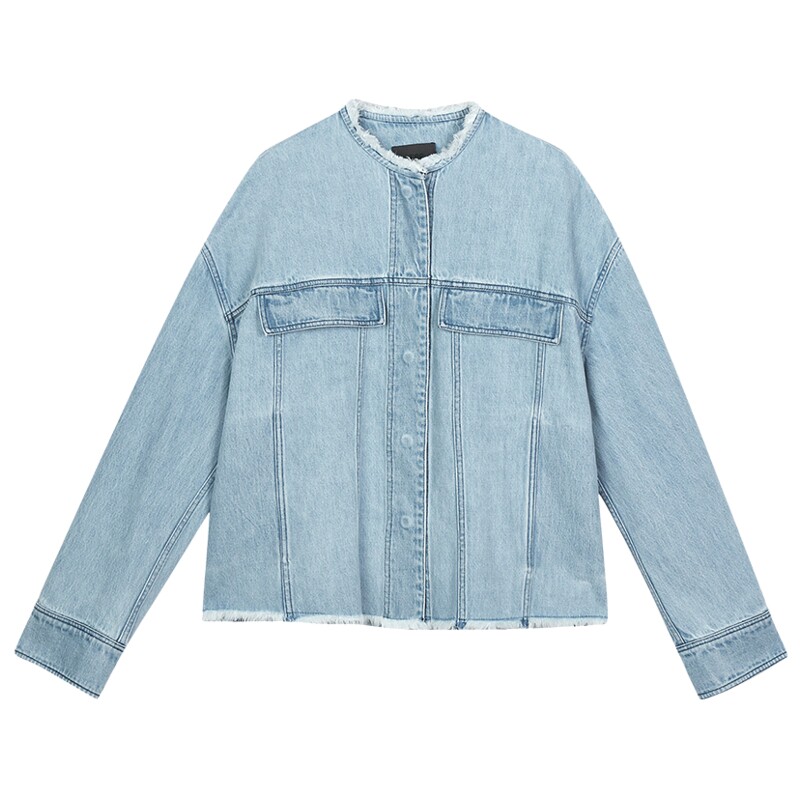 【周迅同款】LESS春秋牛仔外套复古无领水洗小香风夹克2O8612790