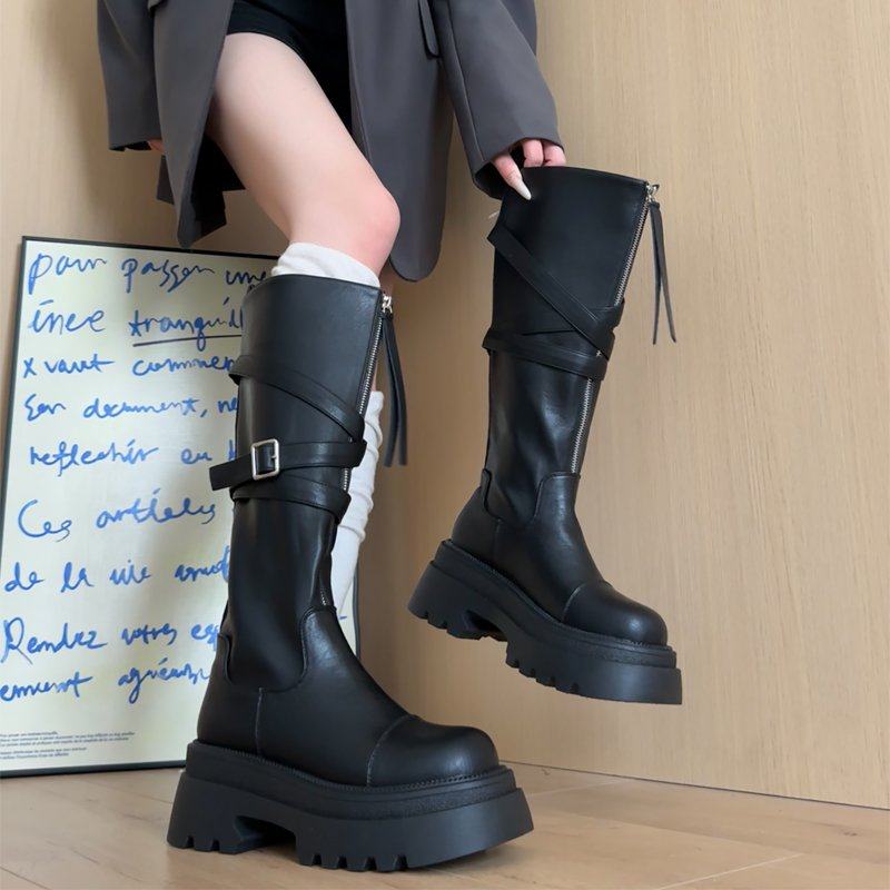7CM厚底长筒靴女英伦风骑士靴2025新款秋季复古美拉德机车长靴子