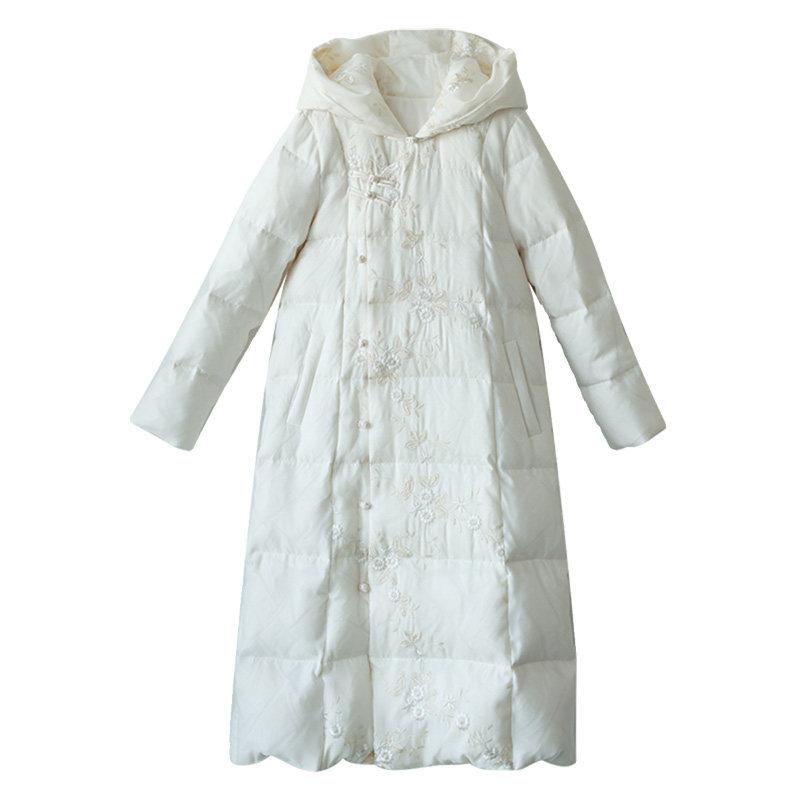 国风连帽长款羽绒服女冬季绣花