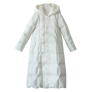 【冬来枝白】复古国风连帽长款羽绒服女冬季绣花白鸭绒加厚外套女