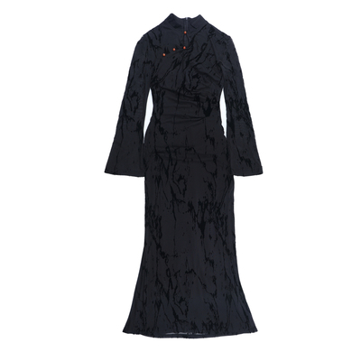 植绒镂空长袖黑色连衣裙女