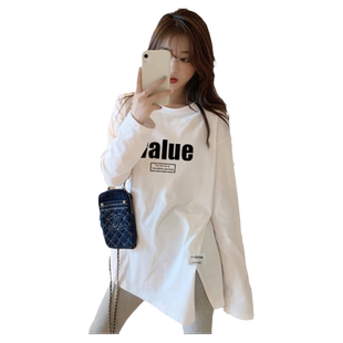 开叉白色长袖t恤纯棉圆领中长款打底衫女内搭秋季遮屁股大版上衣