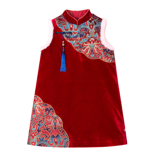 LittleNaive女童中国风旗袍冬季红色拜年服节日礼服裙夹棉背心裙
