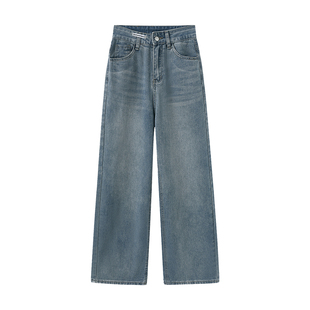 复古阔腿牛仔裤女高腰大码春季新款胖mm垂感宽松显瘦窄版直筒裤子